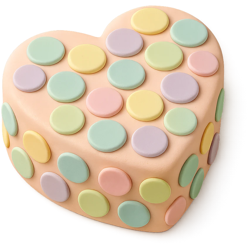 heart-shaped fondant cake with pastel fondant circles emoji
