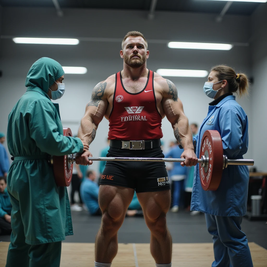 European powerlifter in federal competition attire undergoing anti-doping controls, realistic atmosphere with medical staff or officials present, laboratory or test details, isolated on white background emoji