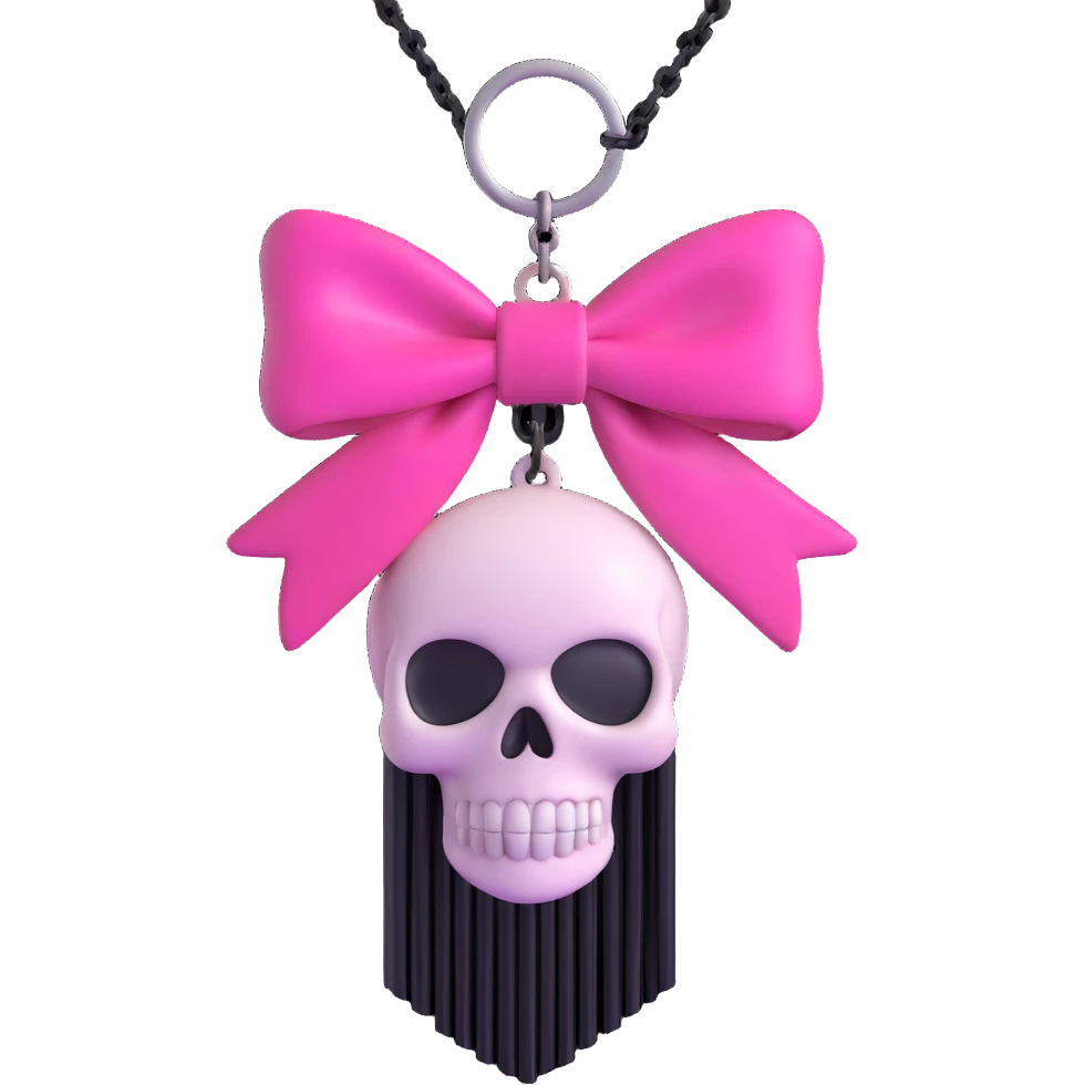 3D emoji style pink bow with gothic effect, hot pink velvet, black chain fringe, and silver skull charm emoji