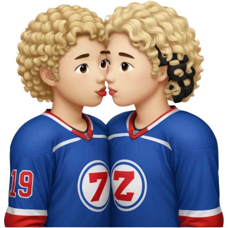 Asian hickey player kissing curly hair blonde hockey player emoji