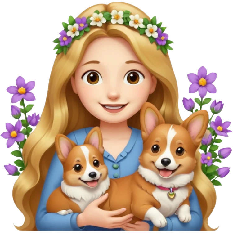 A long-haired girl holding a corgi in the flowers emoji
