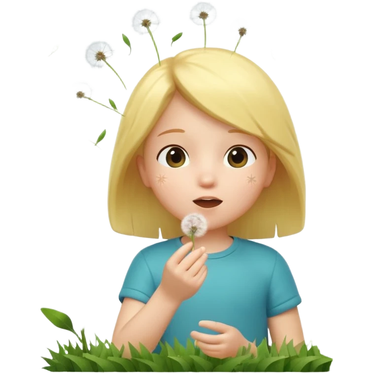 A 3D cartoon child blowing on a dandelion, seeds flying in the air, sunny garden background, realistic Memoji-style. emoji