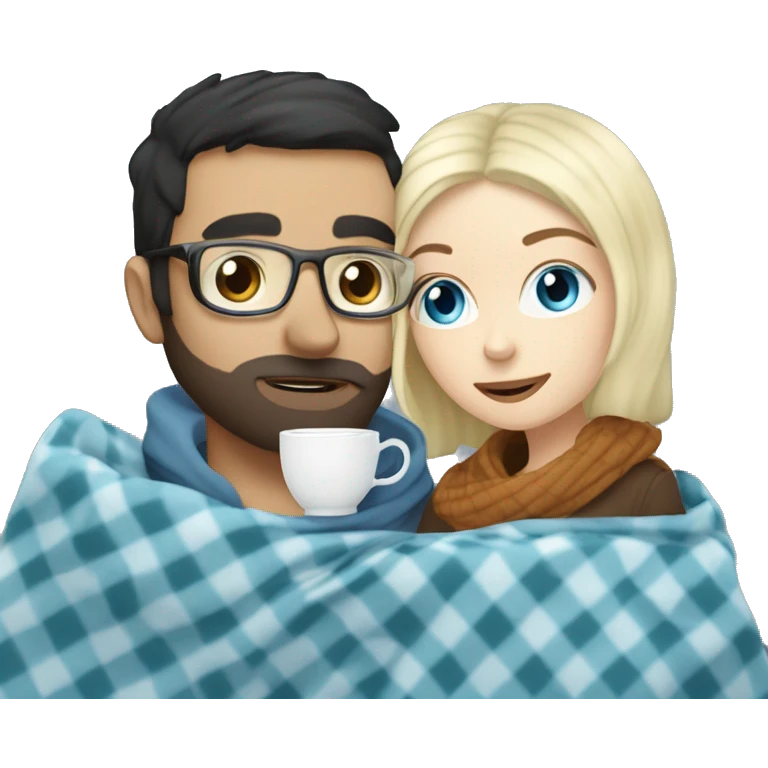 Pale blonde girl with blue eyes wearing glasses and pale man with short black hair and beard drinking tea under a blanket emoji