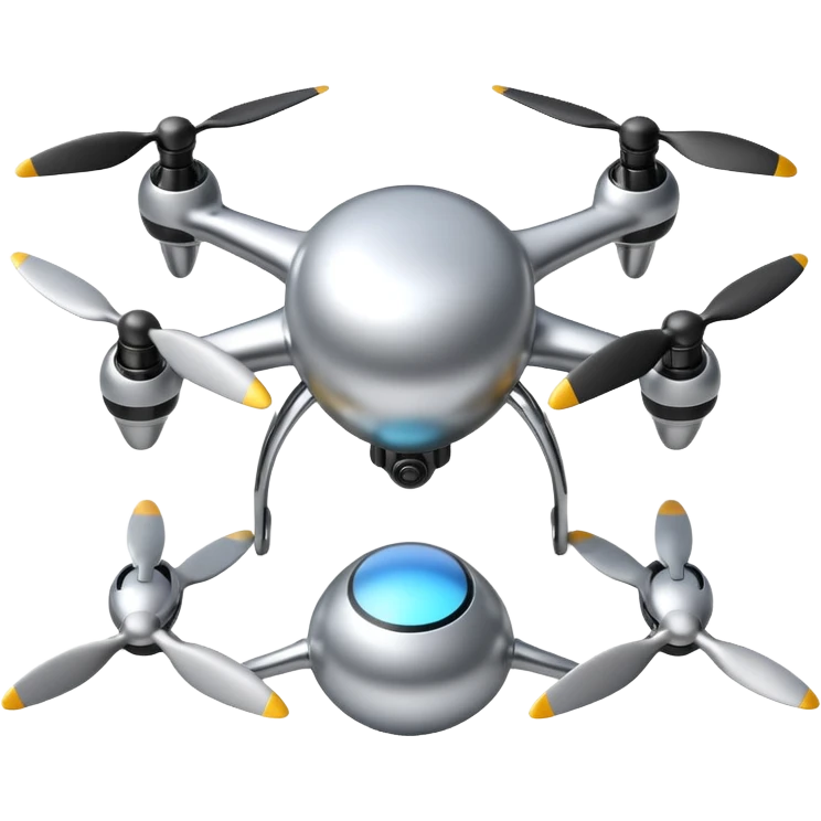 A futuristic drone emoji made of polished silver chrome, smooth rounded body, minimal propellers, reflective metallic surface, soft studio lighting, iOS emoji style, centered, clean white background emoji