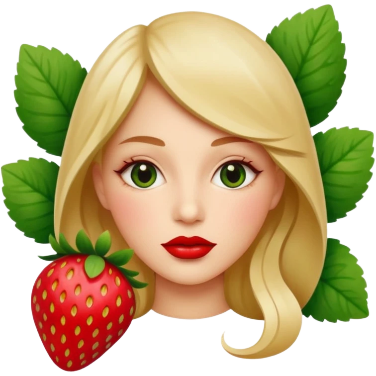 . subject. less details. flat lips with pattern of strawberry with leaf on top  emoji