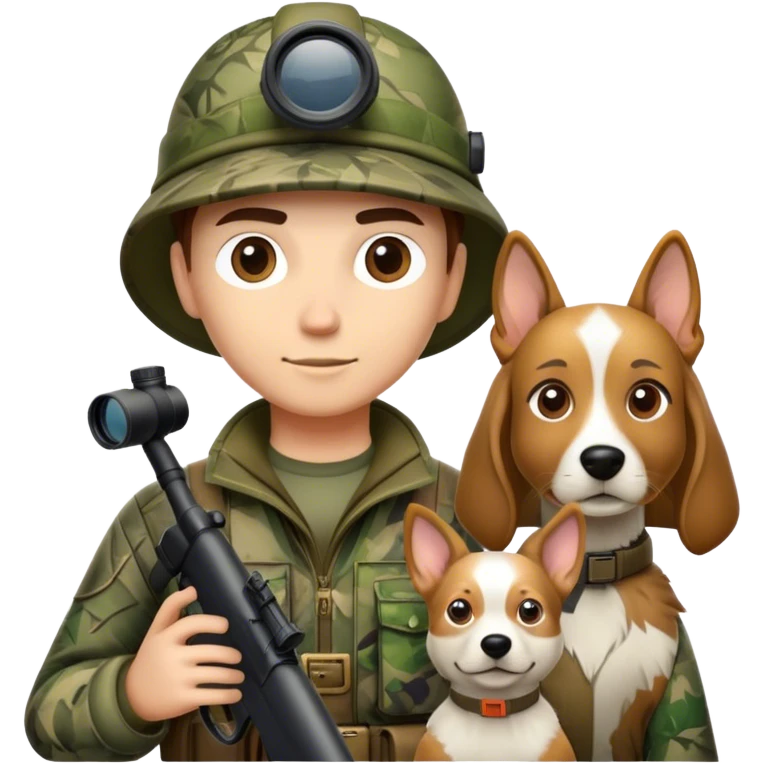 Icon for Hunting: a hunter with a rifle, wearing camouflage gear, with a dog by their side and a pair of binoculars. The icon should capture the outdoor adventure and skill of hunting. Transparent background. emoji
