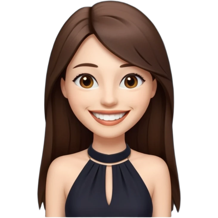 emoji-style illustration of a stylish pretty big smile woman with long straight brown hair, wearing a dark halter neck dress, elegant and minimalistic look, front-facing, soft 3D cartoon rendering, plain background emoji