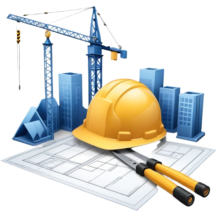 An icon featuring a blueprint, a hard hat, and a measuring tape, symbolizing architecture and construction. The design includes a building silhouette, cranes, and construction tools, representing the planning, design, and building processes. Transparent background. emoji