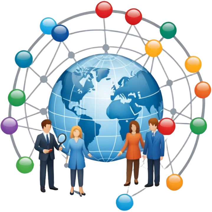 An icon featuring a group of people, a network diagram, and a magnifying glass, symbolizing sociology. The design includes a globe and interconnected lines, representing social structures and relationships. Transparent background highlights the study of societies and human behavior. emoji