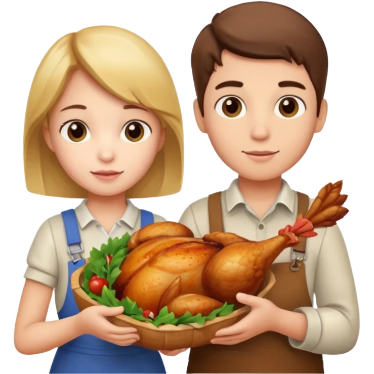 Boy and girl carrying a chicken meat emoji