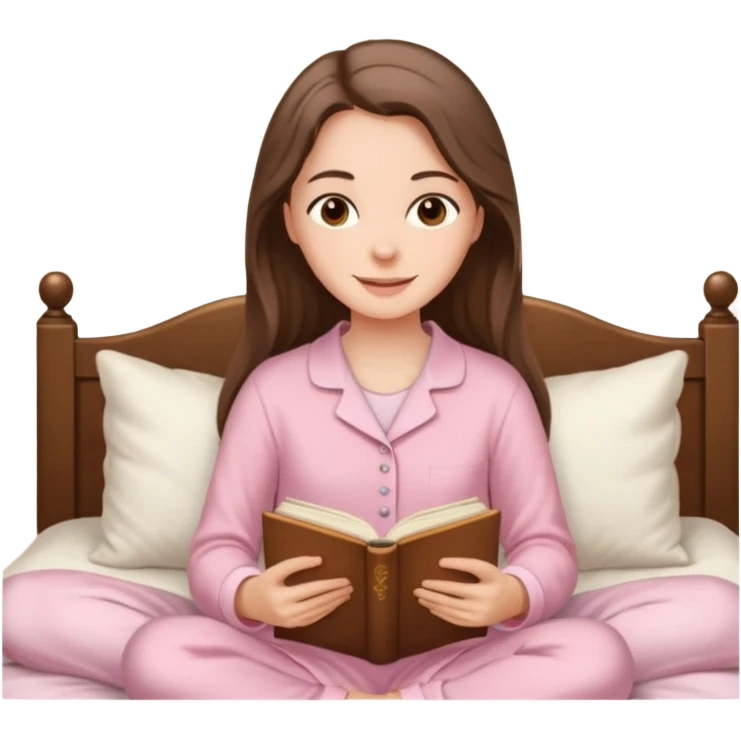 happy white long brunette hair girl with hazel eyes in light pink pajamas reading Pride and Prejudice emoji