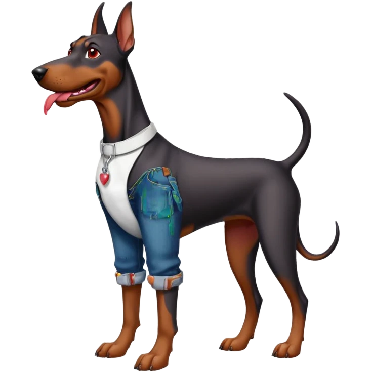 Generate a emoji of a big evil doberman dog with red eyes and a tongue sticking out, give the doberman a human body with a white shirt and baggy jeans, make the doberman have piercings emoji