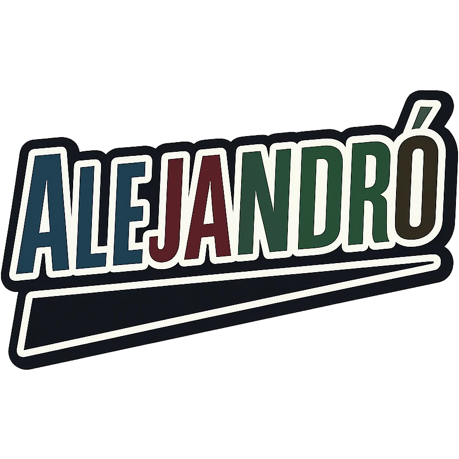 The name 'Alejandró' in a masculine, modern font with gradient colors including blue, gray, burgundy, green, and brown. The text uses precise Hungarian characters, has a dark outline, extra thick and prominent white letter border, and a dynamic slanted underline. Image size 1000x1000 px, PNG format, transparent background. emoji