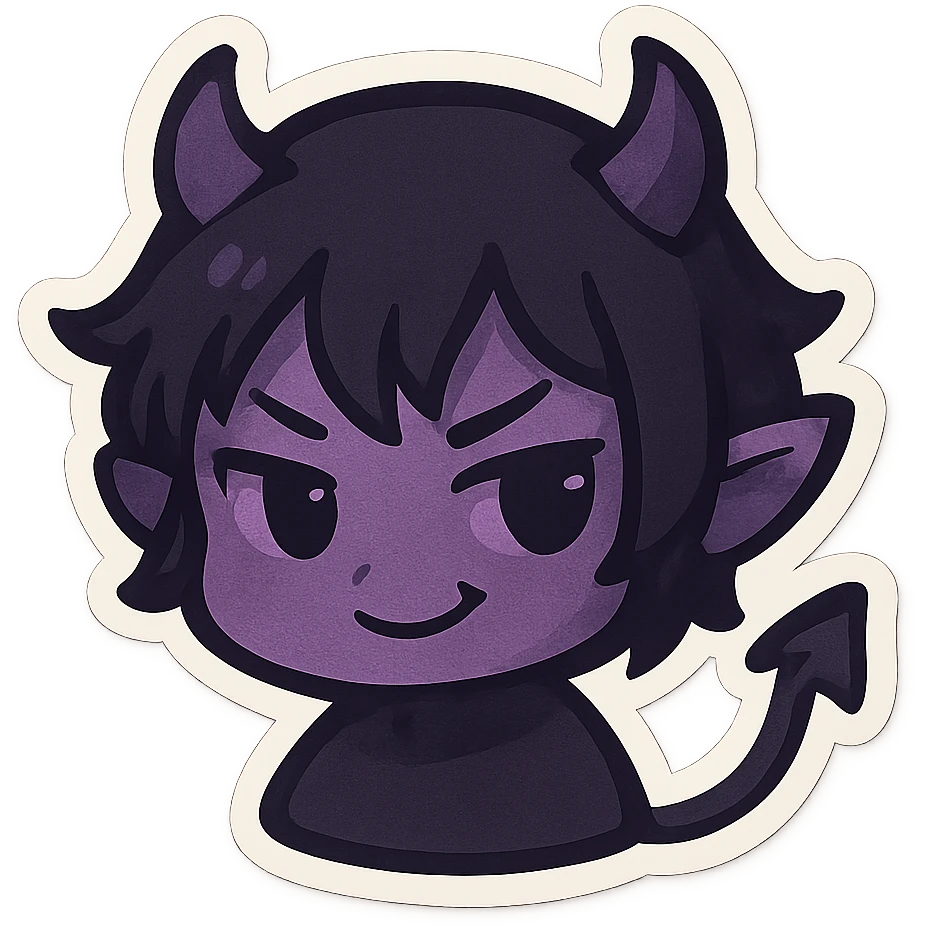 devil emoji in chibi style with gothic palette black and purple, tiny horns, cute but mischievous expression emoji