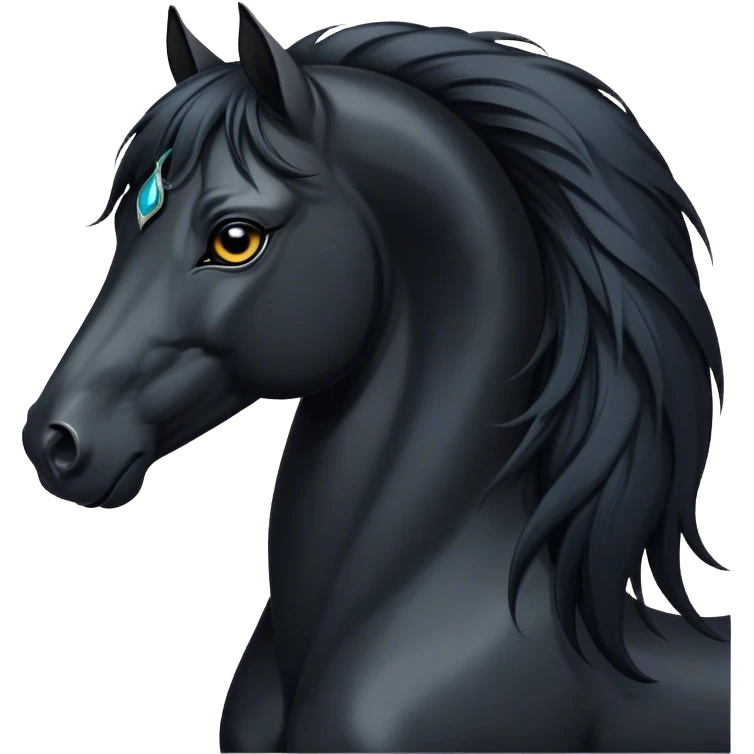 Cinematic Elegant Black Horse Portrait Emoji, Head held high with a serene, powerful gaze, showcasing a magnificent jet-black fur with a radiant, glossy finish, a flowing mane and tail, and piercing dark eyes exuding beauty and strength, Simplified yet majestically refined features, highly detailed, glowing with a soft, ethereal light, high shine, poised and breathtaking, stylized with an air of pure elegance, capturing the essence of a stunning and graceful steed, so beautiful it feels like it could gallop out of the screen with effortless charm! emoji
