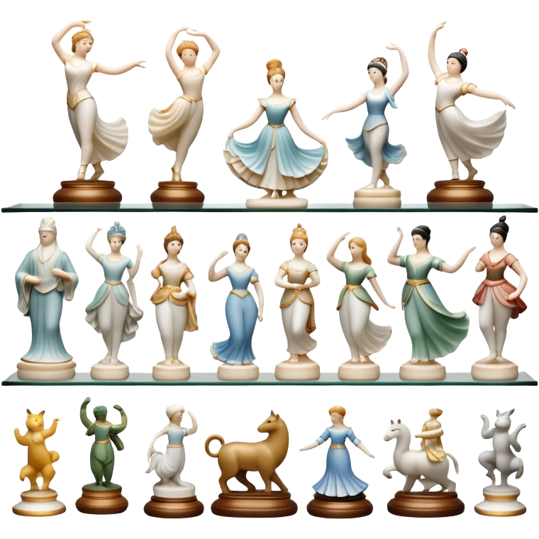 Icon for Porcelain Figurine Collecting: a collection of delicate porcelain figurines, such as animals, dancers, and historical characters, displayed on a shelf or in a display case. The icon should convey the elegance and artistry of collecting porcelain statues. Transparent background. emoji