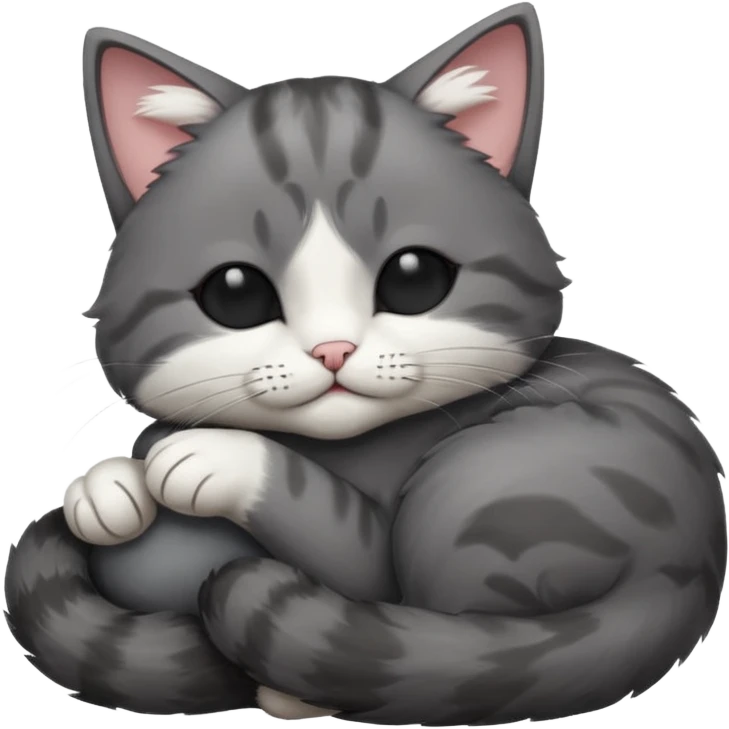 dark grey and white small cat with its eyes closed lying down leaning on its elbow with its paw curled under its head holding it up emoji