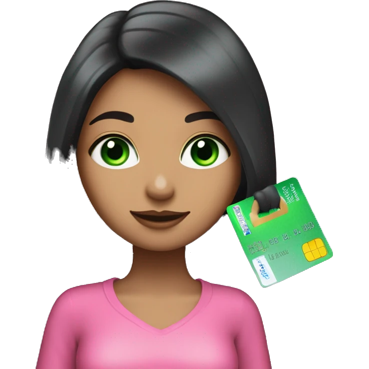 girl with very long black hair and green eyes and pink outfit holding credit card and shopping bags emoji