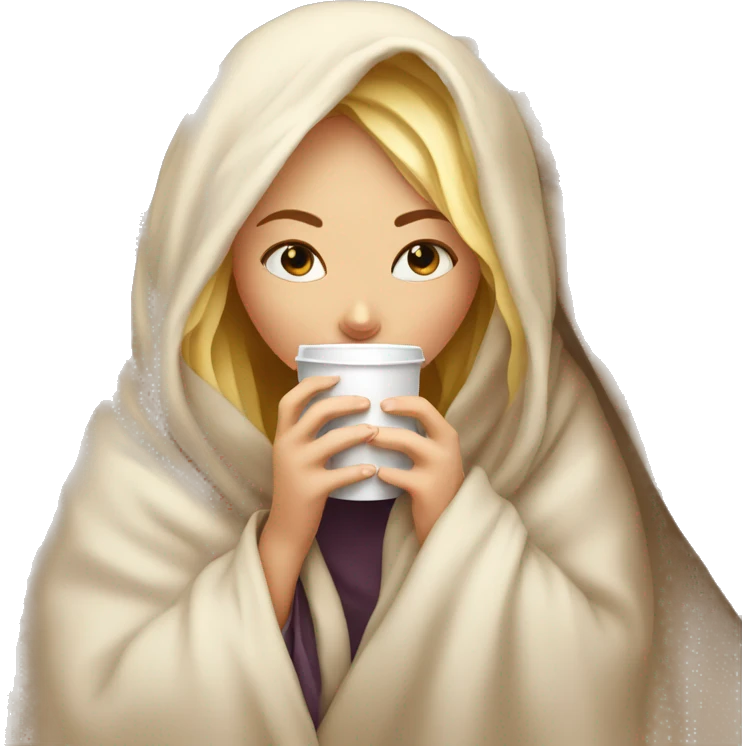 girl inside a blanket sipping coffee eyes closed blonde emoji