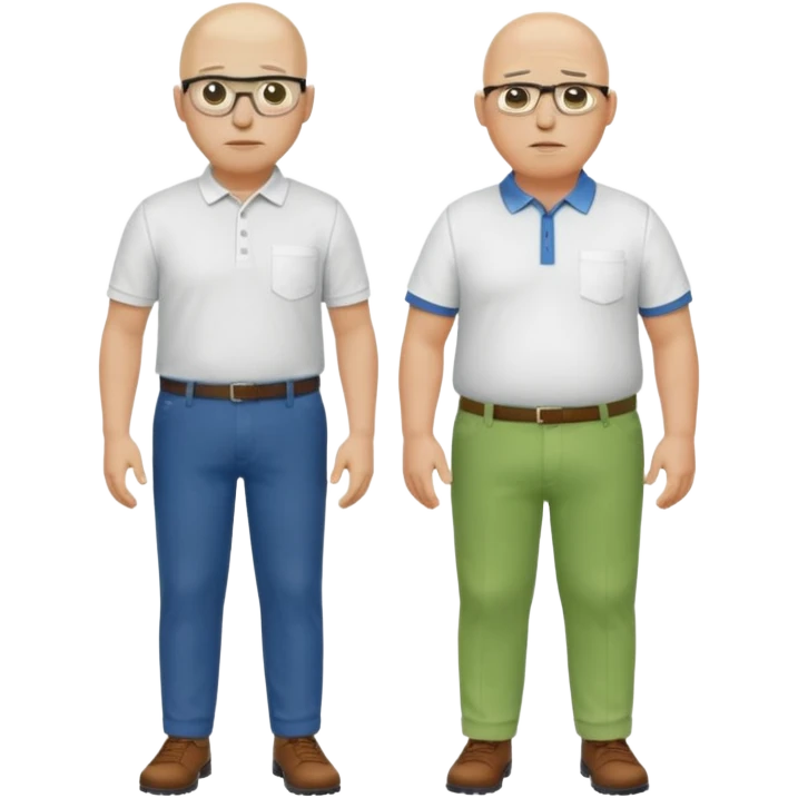 two guys, the first guy is white and have hair but only around his head and not on top, have glases a white dressshirt with rolled up sleeves and green pantsThe second guy has a yellow skin white golf shirt blue jeans and bald they should stand next to eachother they are both really fat  emoji