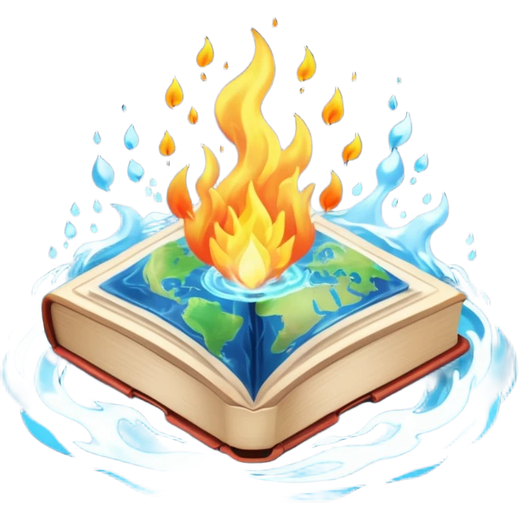 magical elemental book, glowing, surrounded by fire, water, earth, and air emoji