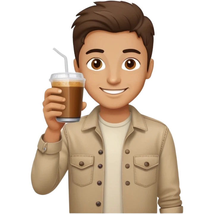 Turkish beautiful finish Konya boy good hair and brown eyes with beige denim clothes and had on his hand nut Cold brew coffee   emoji