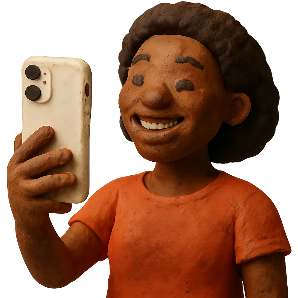 Afro-Caribbean female smiling, holding iPhone, recording emoji
