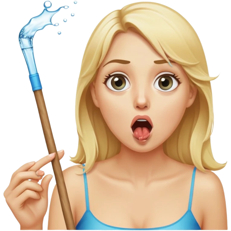 blond woman with wide eyes, holding a wide skin-colored stick with a nibble on the edge, water squirting from the stick into her mouth, shocked face emoji