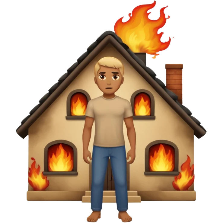 a man standing with a burning house with visible flames and smoke behind him, apple style emoji emoji
