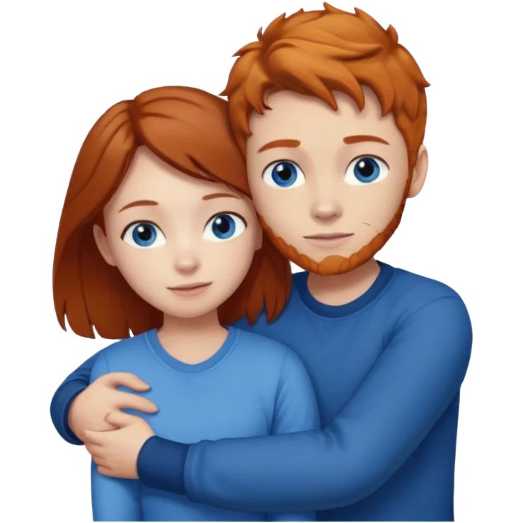 Ginger boy without facial hair hugging girl with dark brown hair. Both have blue eyes.  emoji