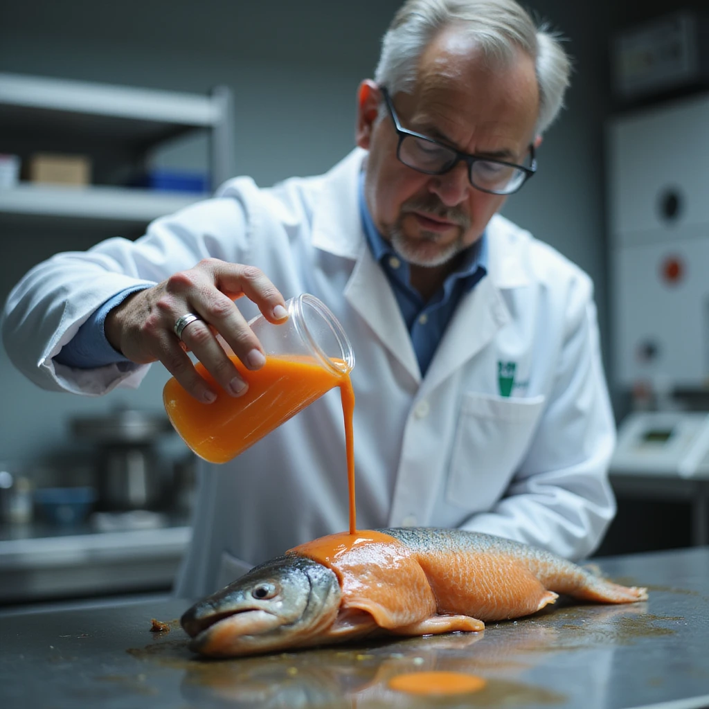 realistic 4K photo of a man in a lab coat pouring orange dye on a gray salmon fillet, professional environment emoji