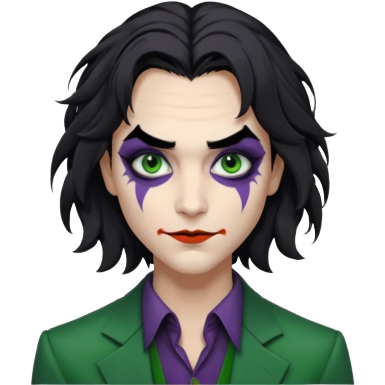 Faça uma pessoa com cabelo preto pouco bagunçado e pouco grande com cara de coringa emoji