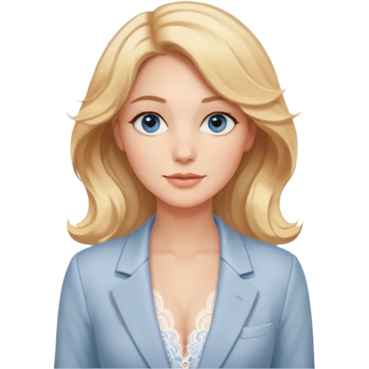 A gentle woman with fair skin, wavy honey-blonde hair, and calm gray-blue eyes. She wears blush lace lingerie and a white blazer, radiating soft confidence and warmth. emoji