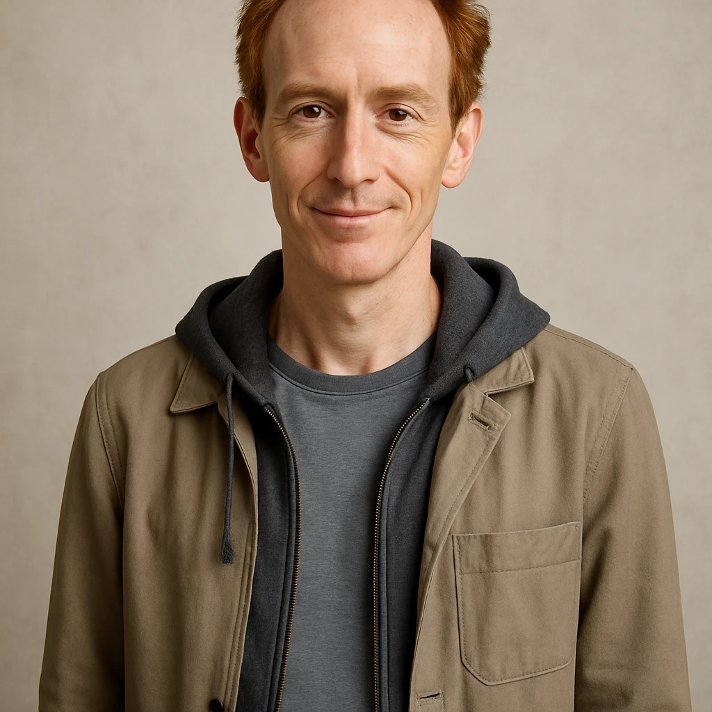 slim man with graying red hair, brown eyes, gentle smile, modern casual outfit emoji