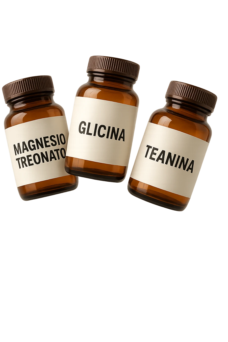 3 boccette di integratori: Magnesio Treonato, glicina, teanina, fluttuano in aria emoji