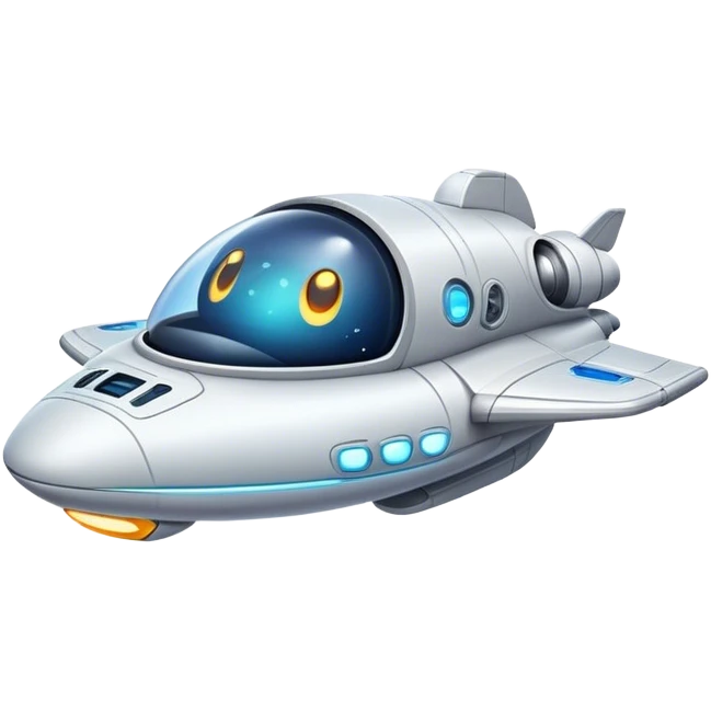 Design a simple, friendly spaceship with a smooth, rounded shape. Add a clear 'face' on the front using glowing lights for eyes and a curved line for a smile, giving it personality. Use a plain background to keep the focus on the ship emoji