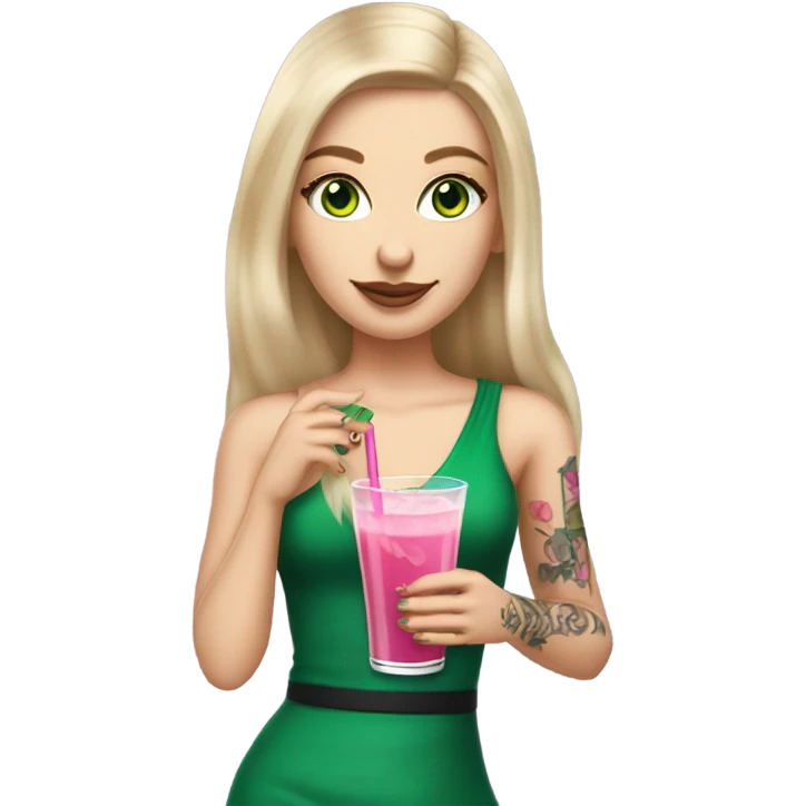 Realistic White girl with Long straight blonde hair, green eyes, tattoos, full body wearing dress and High heels, holding pink drink emoji