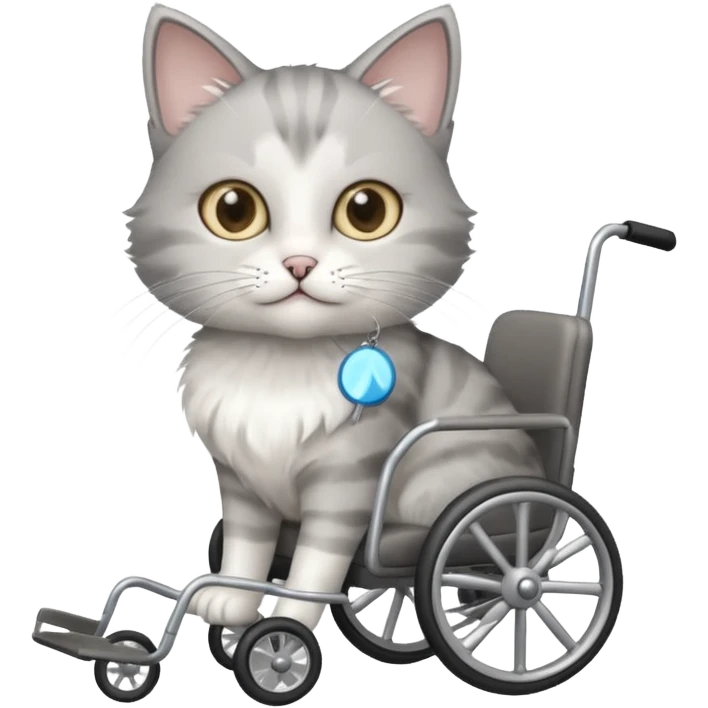 disabled grey and white small cat using a wheelchair made for cats emoji