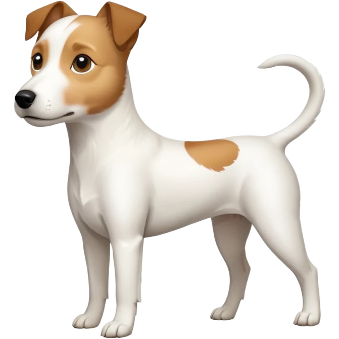 a full body slightly chubby white parson russell terrier looking dog the size of a kelpie with light brown long ears and a light brown patch on one eye and a large snout. the rest of the dog is completely whiteforward facing emoji