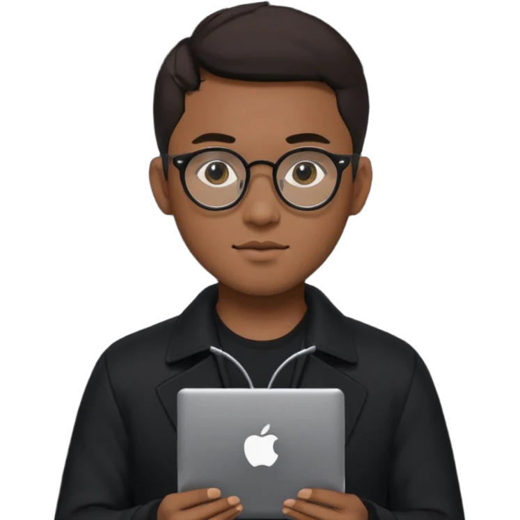 a asia man guy his 20s wearing an apple notebook, wearing bodyguard radio operator, round glasses, blackclothes emoji