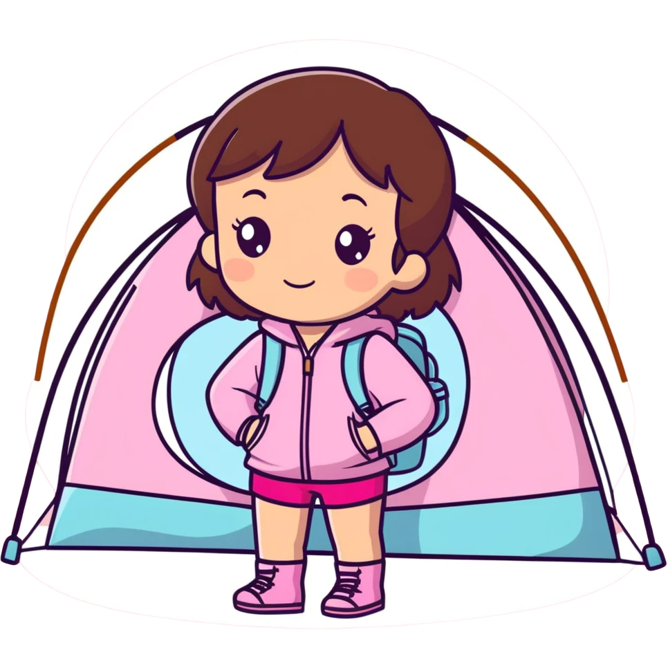 A gorgeous little girl with brunette hair and brown eyes, she’s wearing pink with sparkles while camping in the woods  emoji