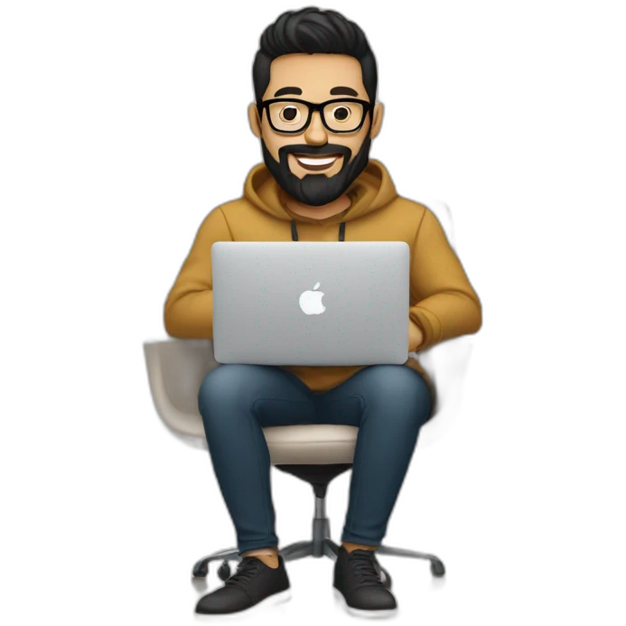 Designer with black hair, beard and glasses working with MacBook and drinking cappuccino  emoji