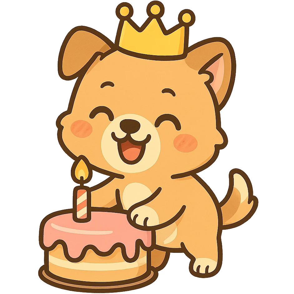 cartoon dog with a birthday crown, paw on a birthday cake, smiling, festive mood, plain background emoji