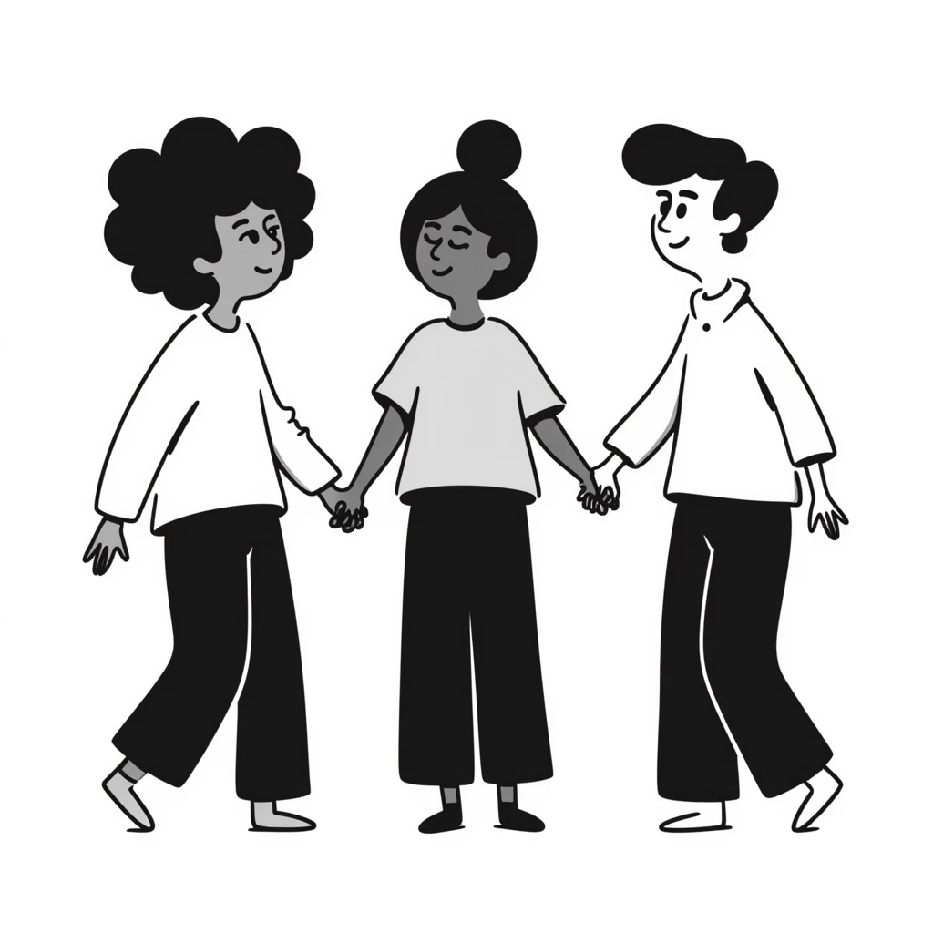 Three diverse people with different skin colors holding hands in solidarity, symbolizing racial integration and unity emoji