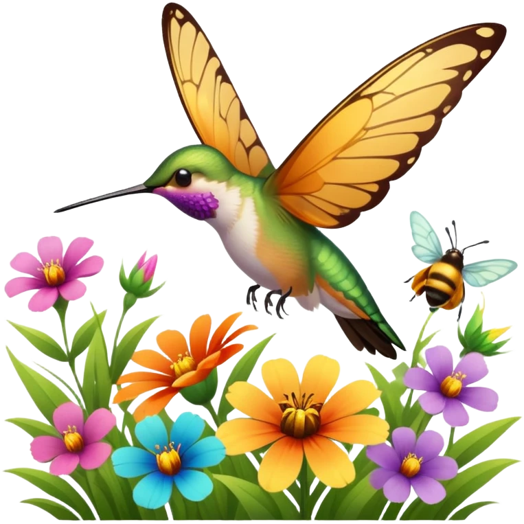 La la mañana se alegra entre flores y praderas ve avanzar mariposa bella y majestuosa entre colibrís y la abeja polinizando y Disfrutando del néctar de su miel emoji