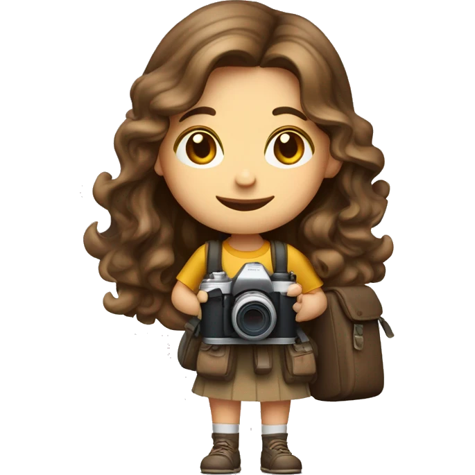 A photographer Girl, with a camera and a backpack ,long soft curl brown hair, White skin, Brown eles, emoji