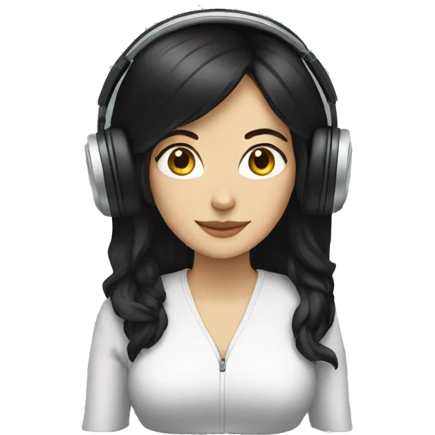 white woman with black hair and with headphones emoji