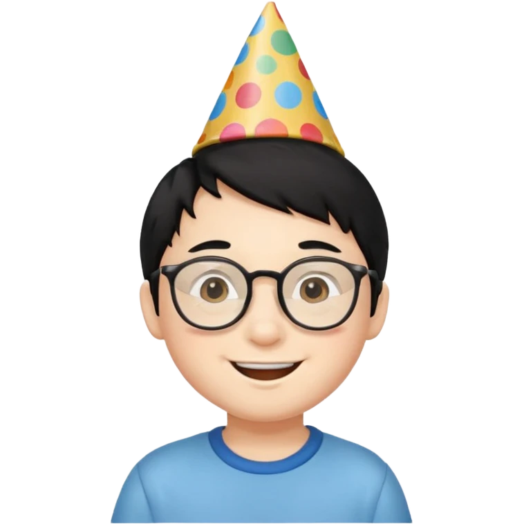 a little boy with black hair with birthday hat, wearing glasses 















 emoji