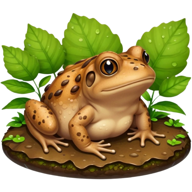 A brown toad sitting on wet ground near a pond, rough bumpy skin, natural light, green leaves around, realistic wildlife photo. emoji
