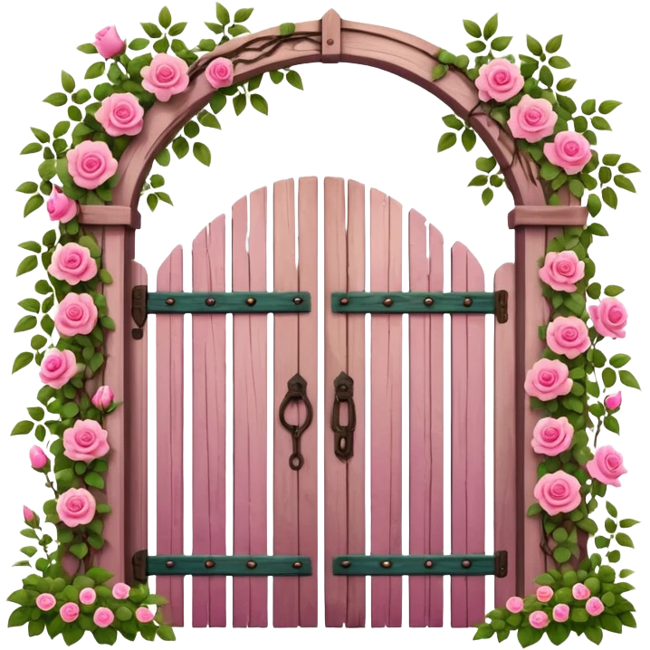 a garden's gate made of wood, with pink flowers all around it emoji